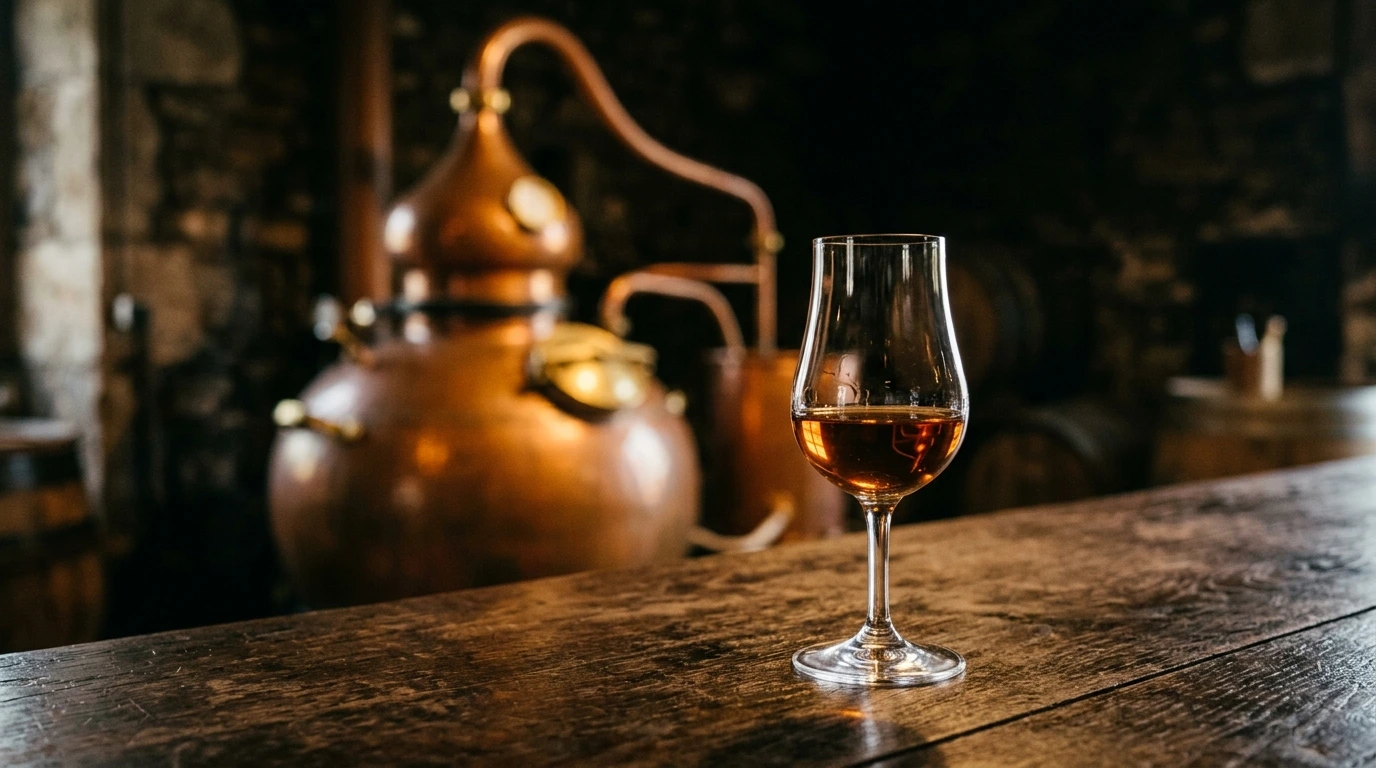 Verre tulipe de cognac ambré devant des fûts de chêne