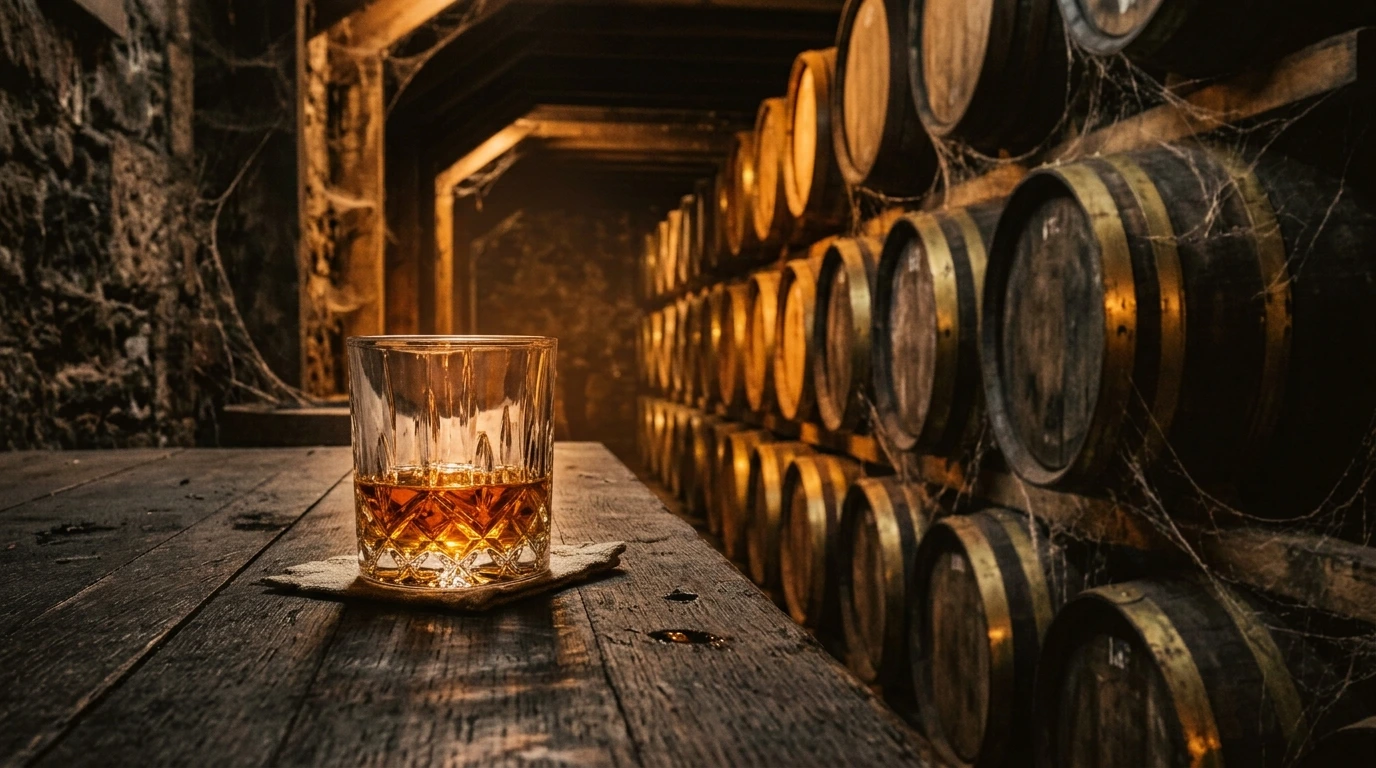 Verre de whisky ambré devant une rangée de fûts
