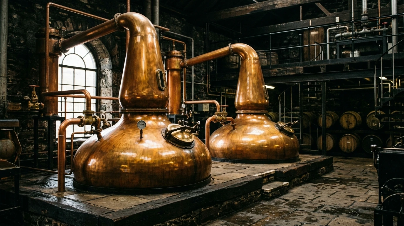 Alambics de cuivre dans une salle de distillation