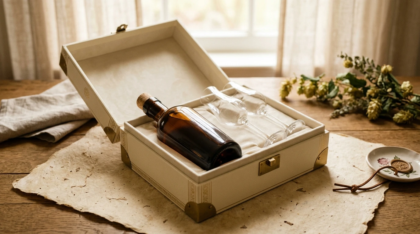 Coffret de whisky ouvert avec deux verres de dégustation