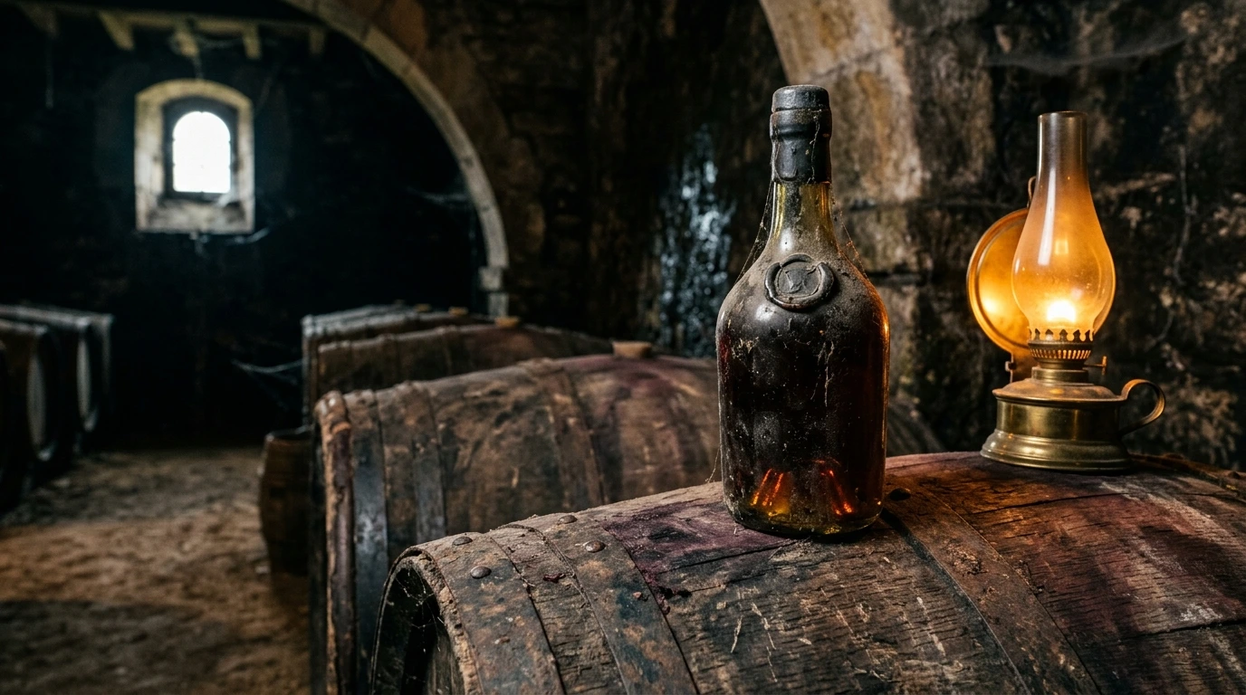 Bouteille d’armagnac millésimé sur un fût gascon