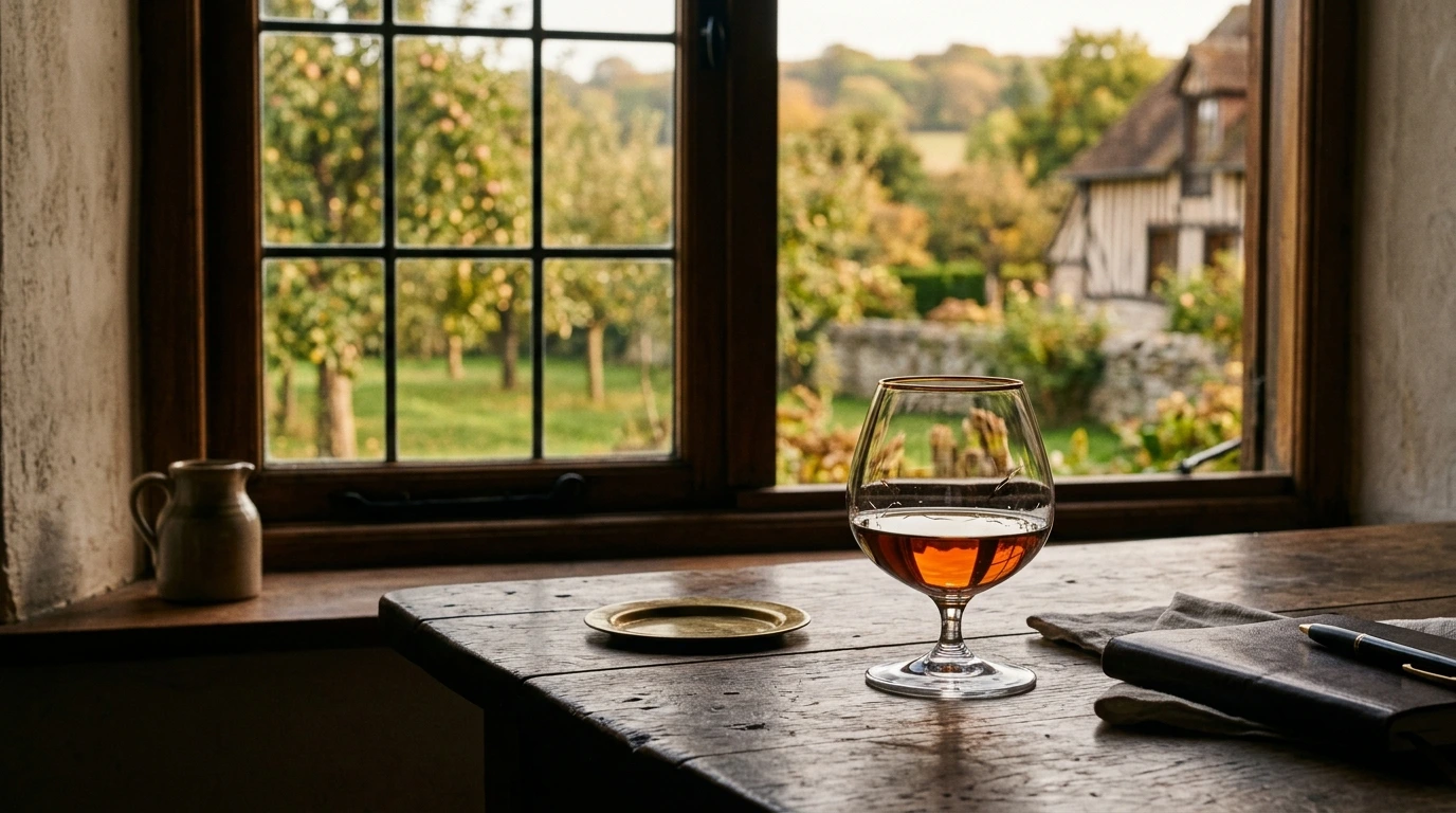 Verre de calvados devant un verger normand