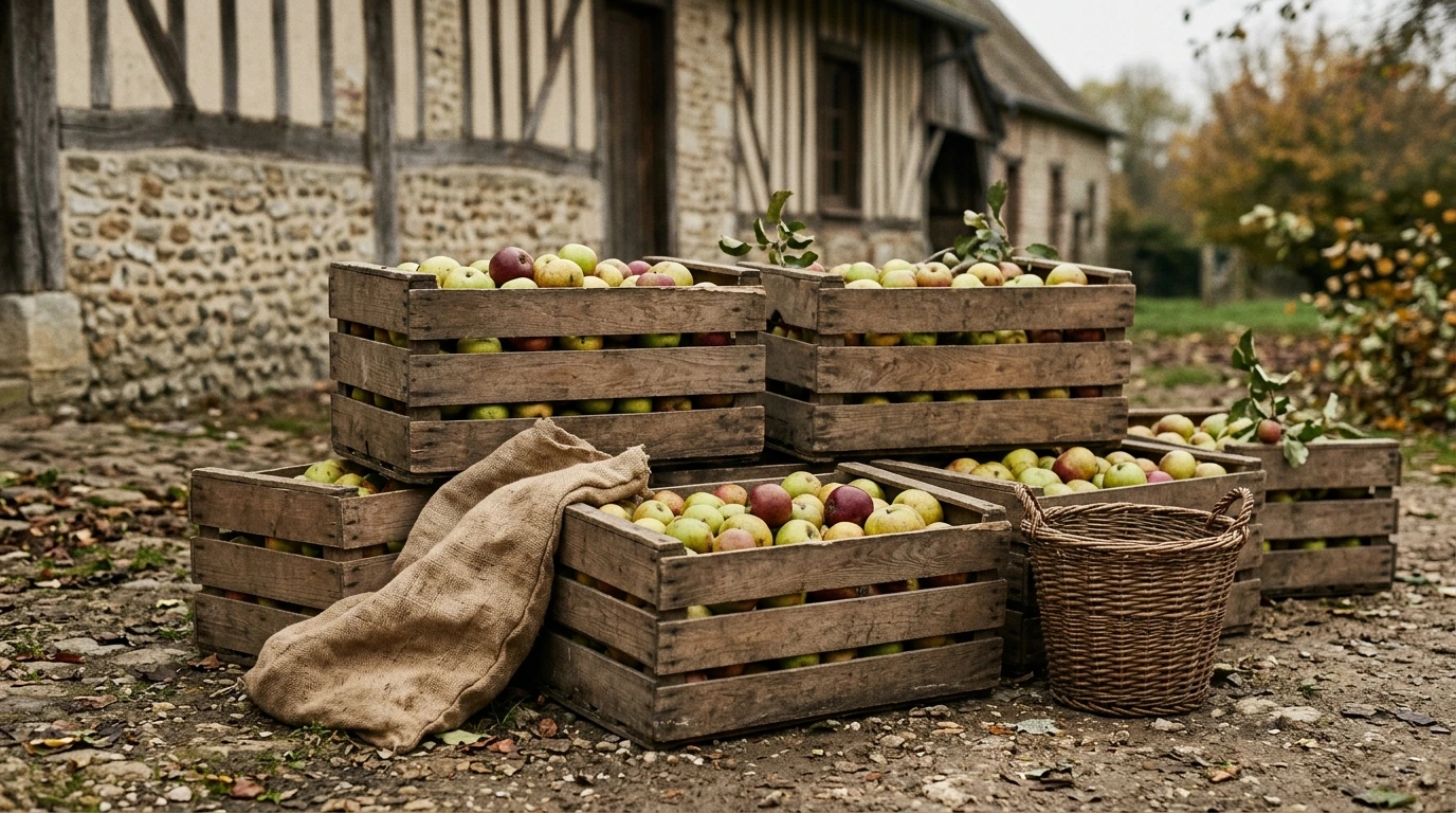 Cageots de pommes à cidre dans une ferme normande