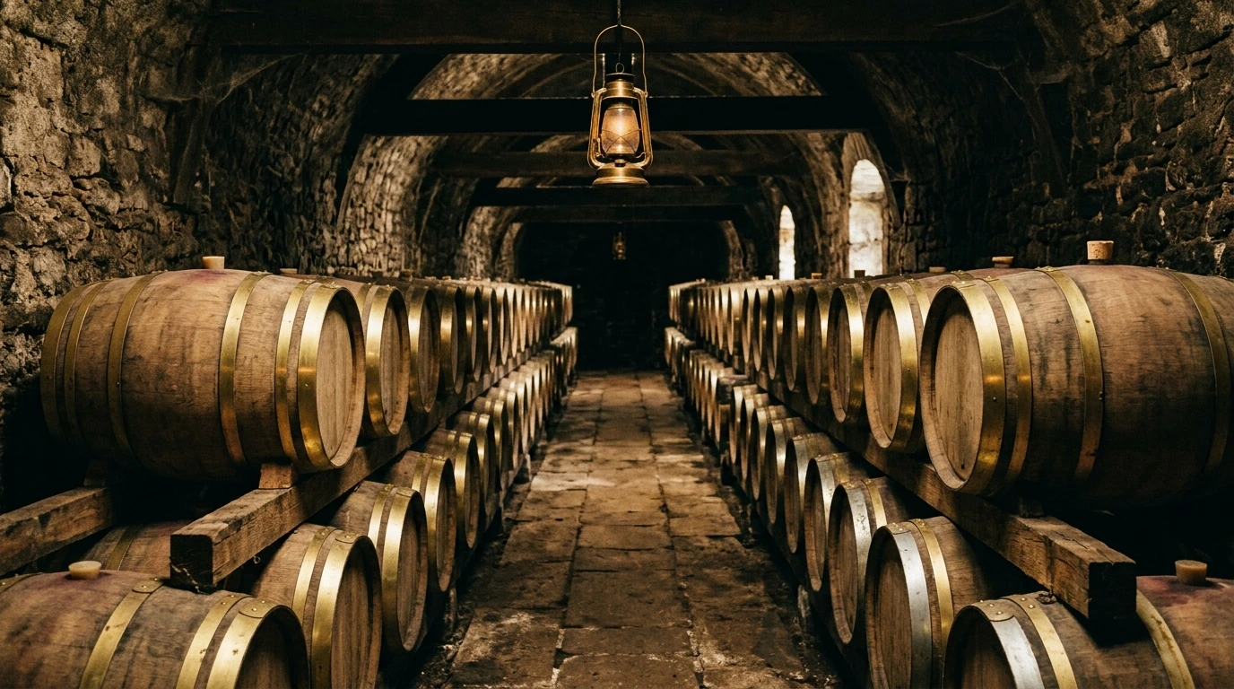 Fûts de calvados alignés dans un chai normand