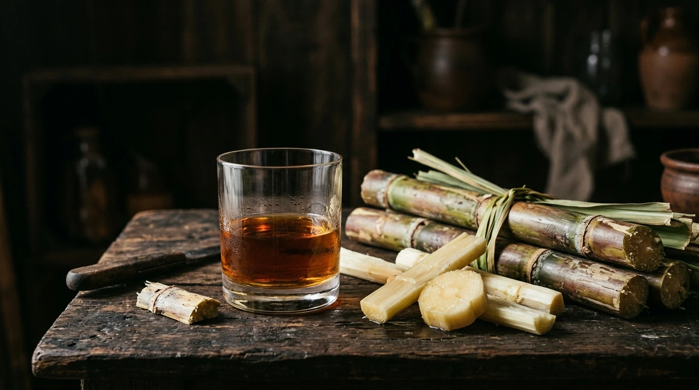 Verre de rhum vieux et canne à sucre fraîche