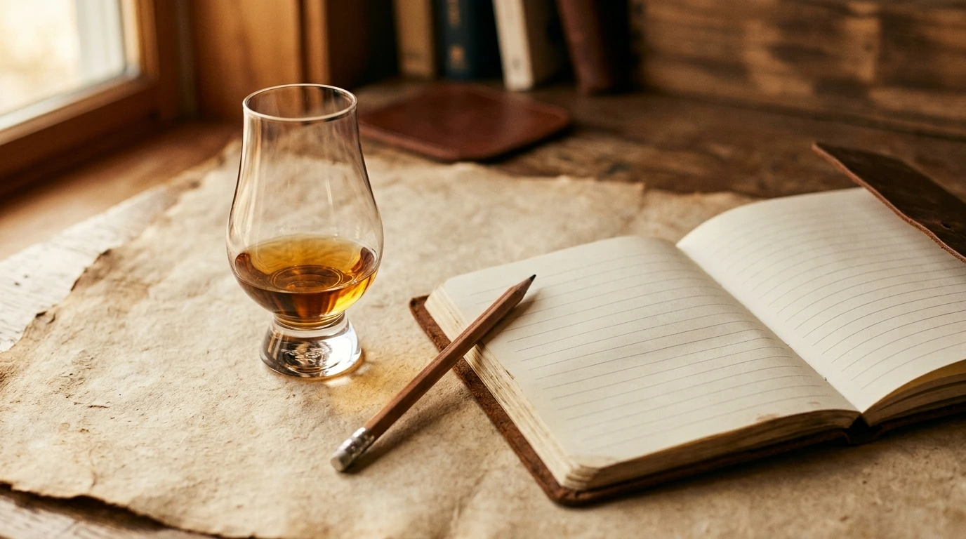 Verre de dégustation et carnet de notes sur un comptoir
