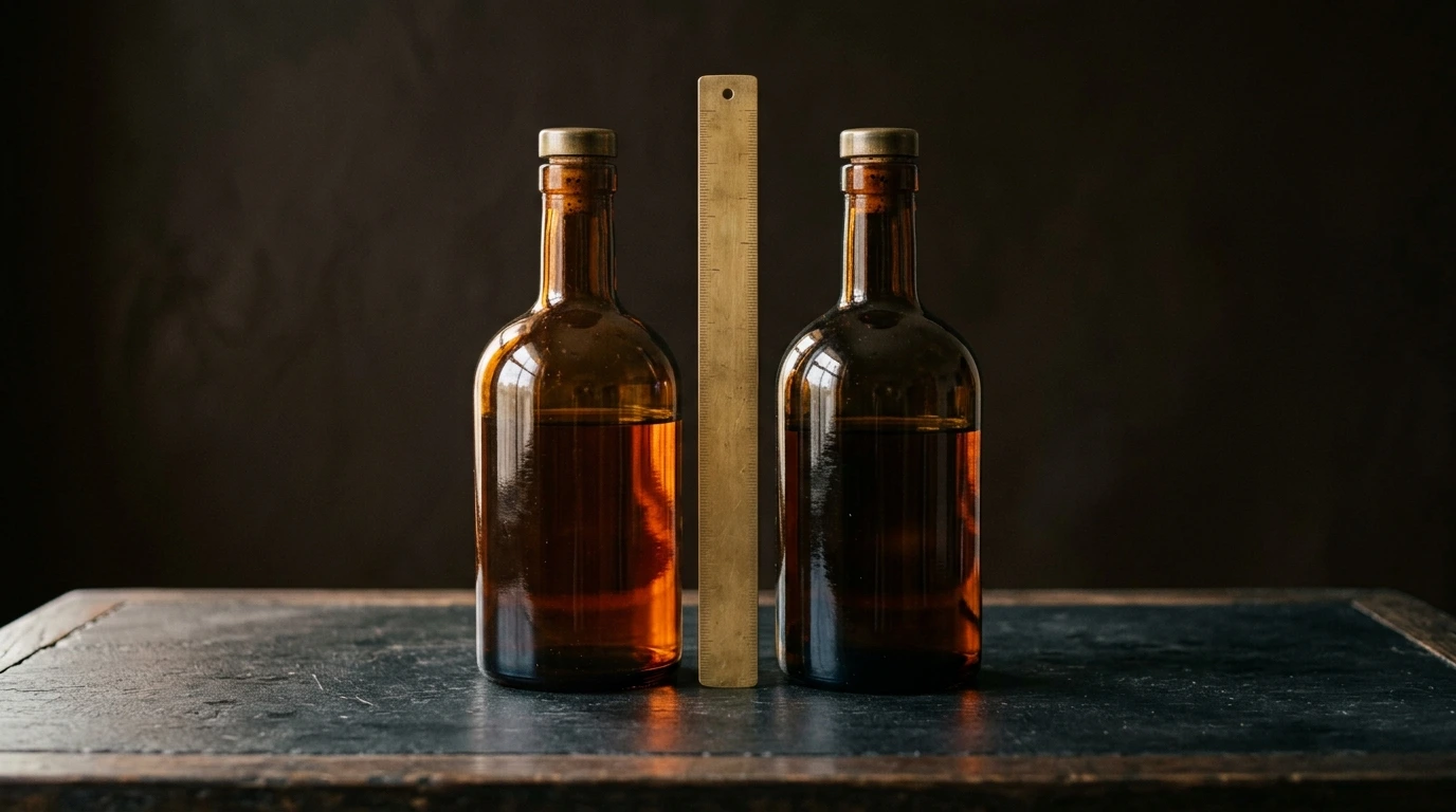 Deux bouteilles comparées côte à côte sur un comptoir sombre
