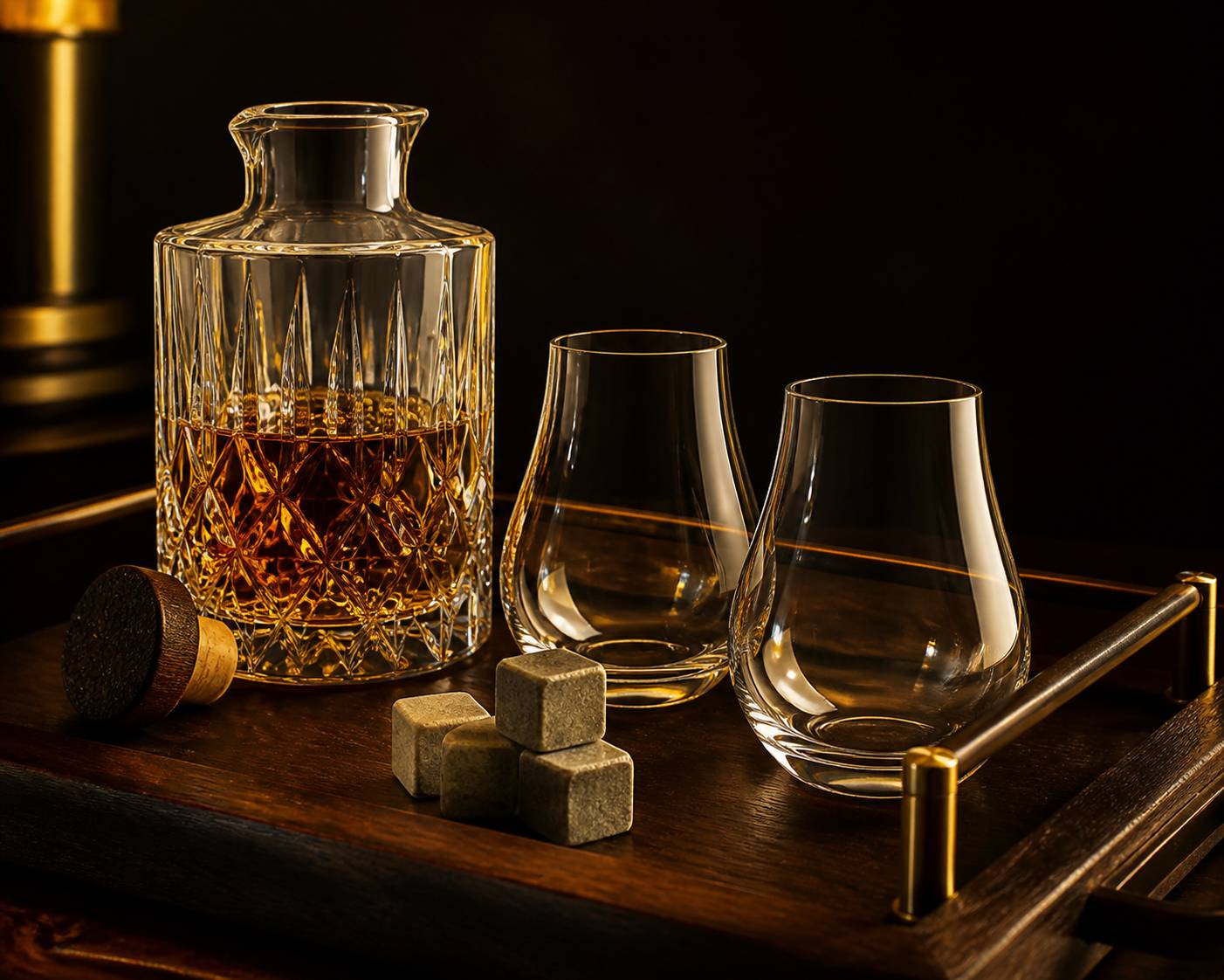 Verseuse en cristal, verres tulipe et dés à whisky en pierre sur un plateau en bois