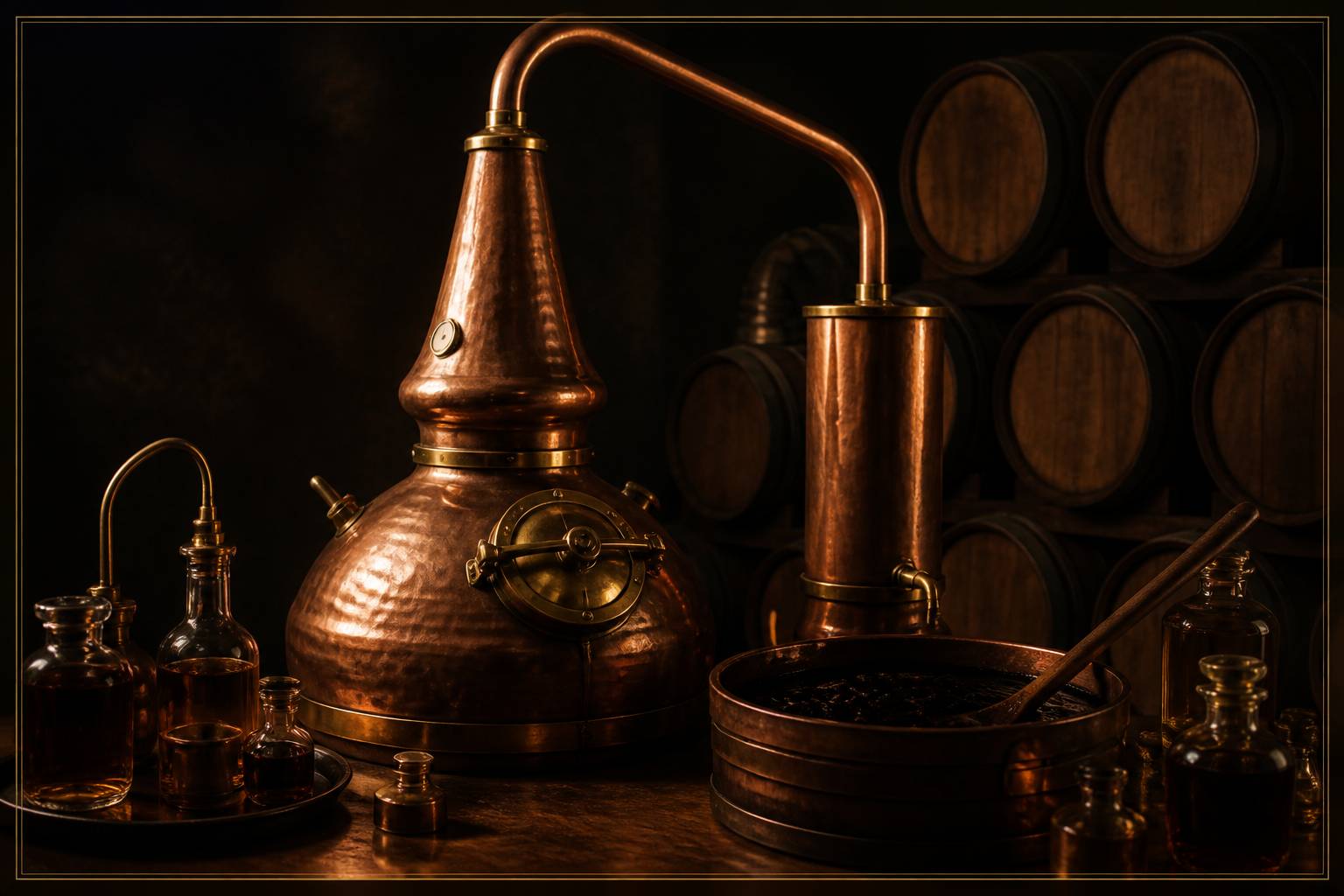 Alambic en cuivre avec fûts de chêne dans une distillerie