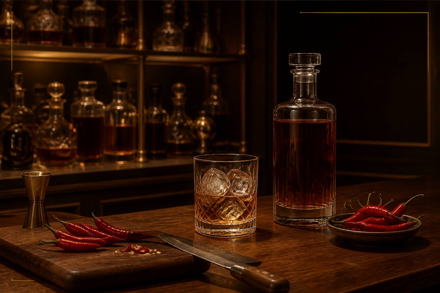 Préparation d'un cocktail avec une bouteille d'apéritif et des piments rouges frais