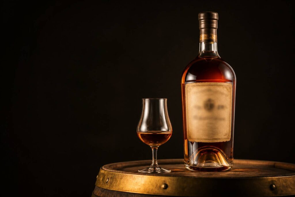 Bouteille d'armagnac ancienne à étiquette parchemin posée sur une barrique en chêne