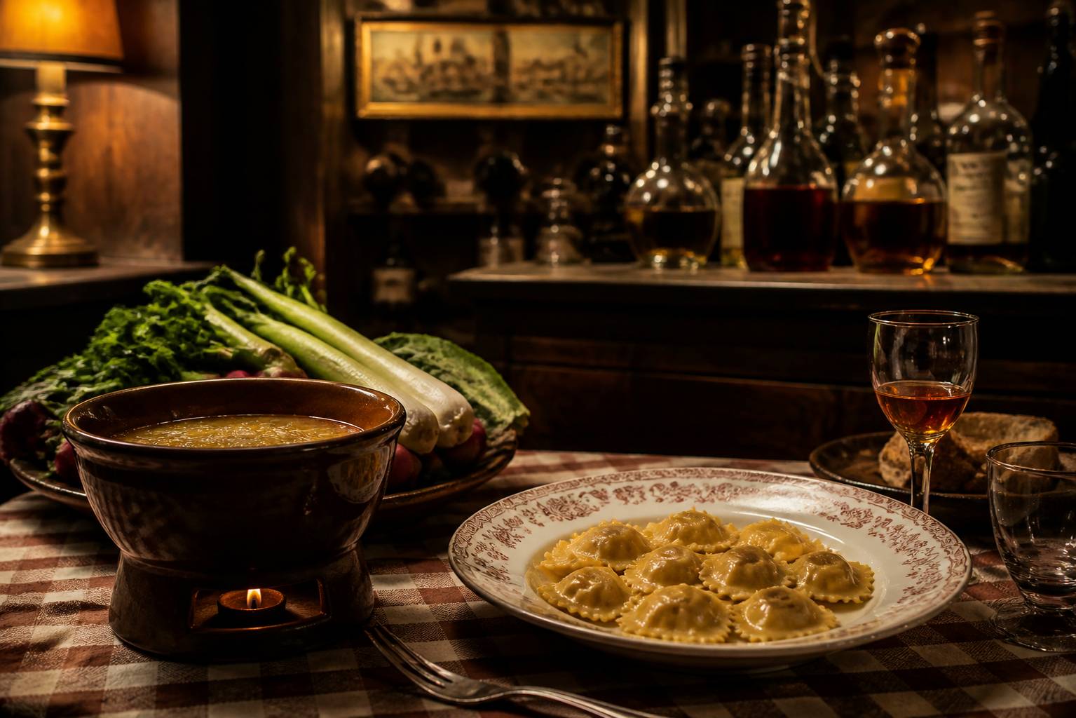 Plats traditionnels piémontais et verre de vermouth sur une table