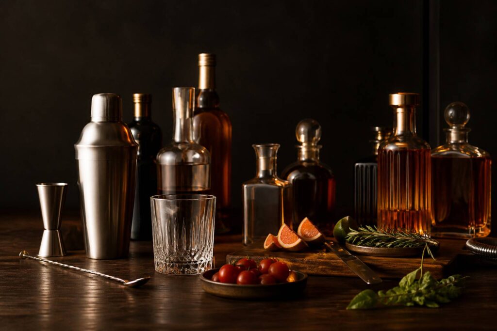 Comptoir de bar avec shaker et ingrédients frais pour cocktails