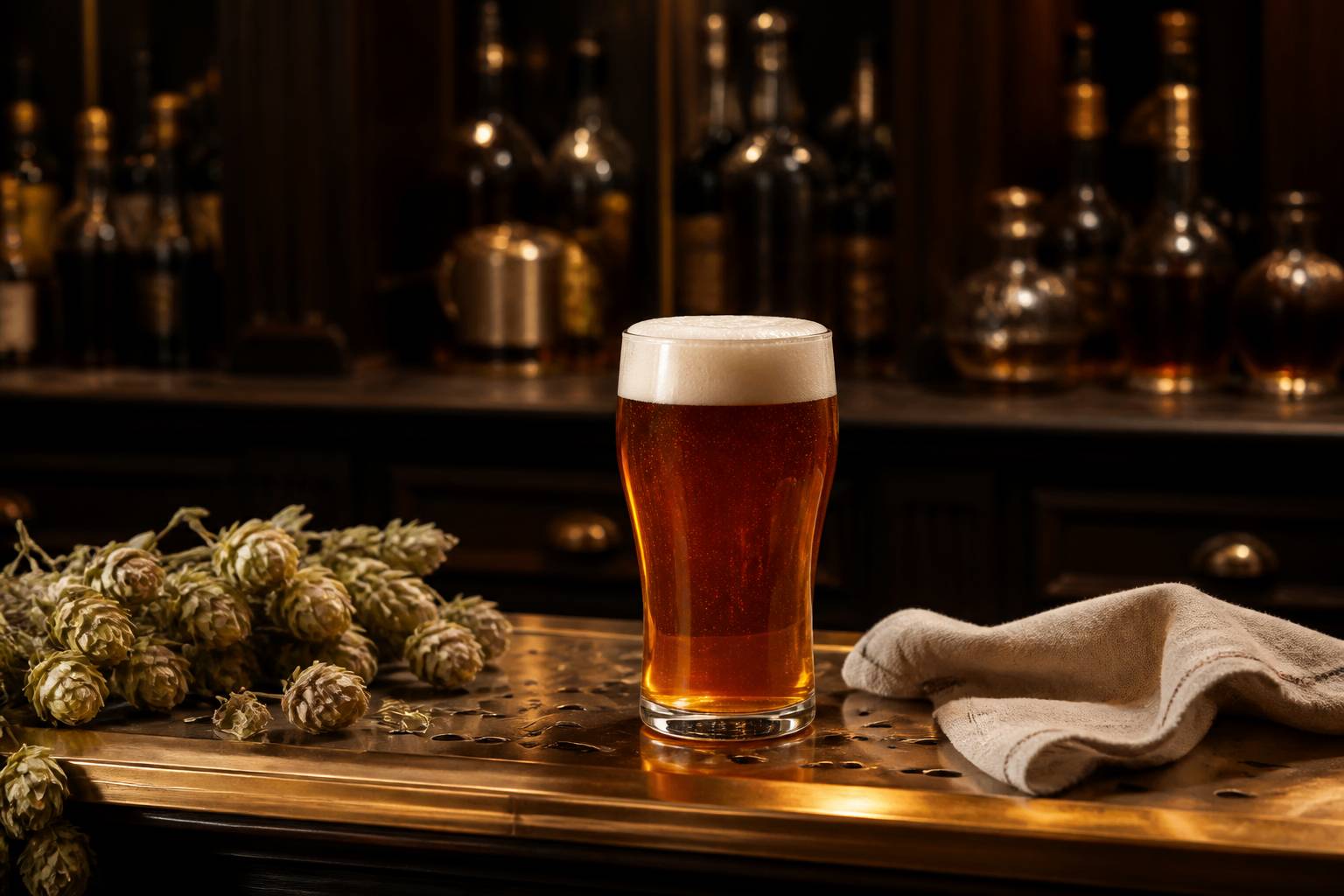 Verre de bière ambrée mousseuse avec épis de houblon sur comptoir en bois