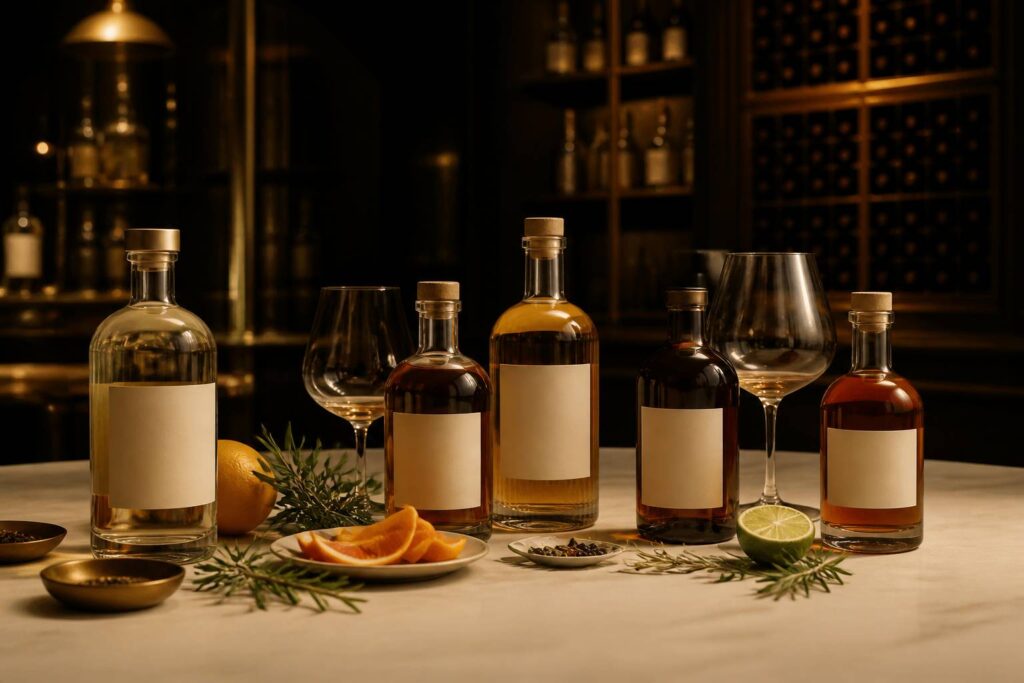 Flacons de boissons sans alcool avec verres et herbes botaniques sur fond sombre