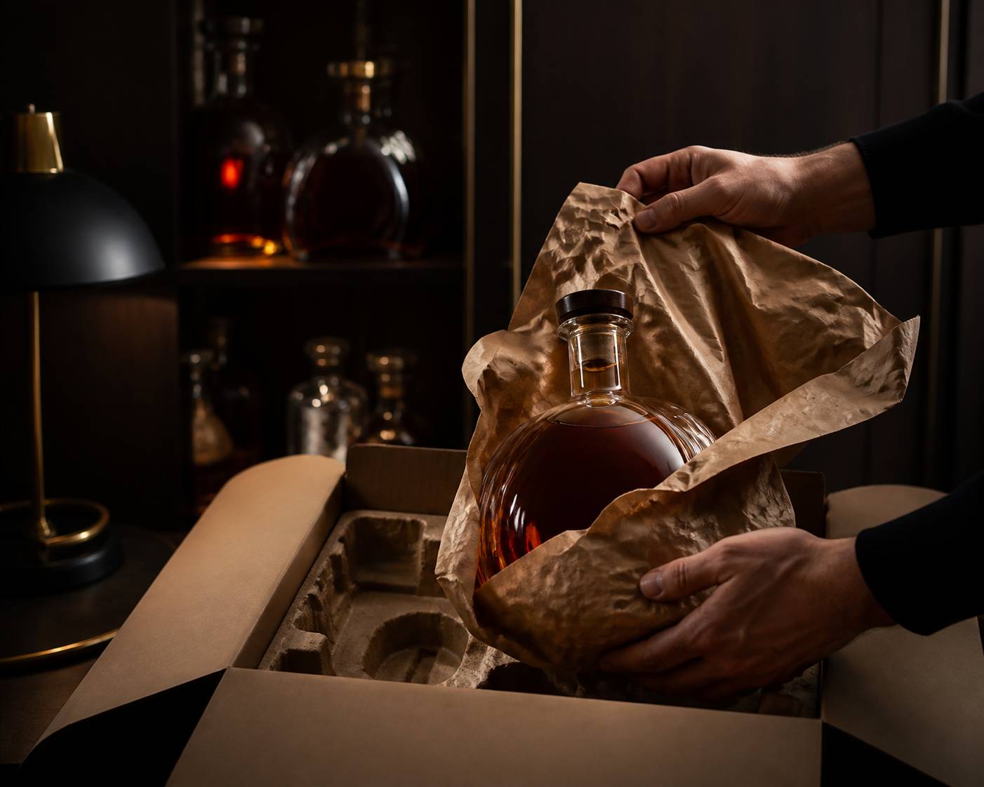 Main retirant le papier kraft autour d'une bouteille d'armagnac dans son carton