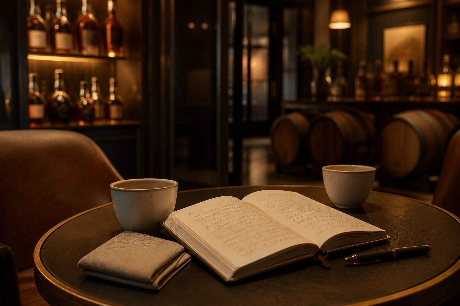 Deux tasses de café et un carnet ouvert sur une table