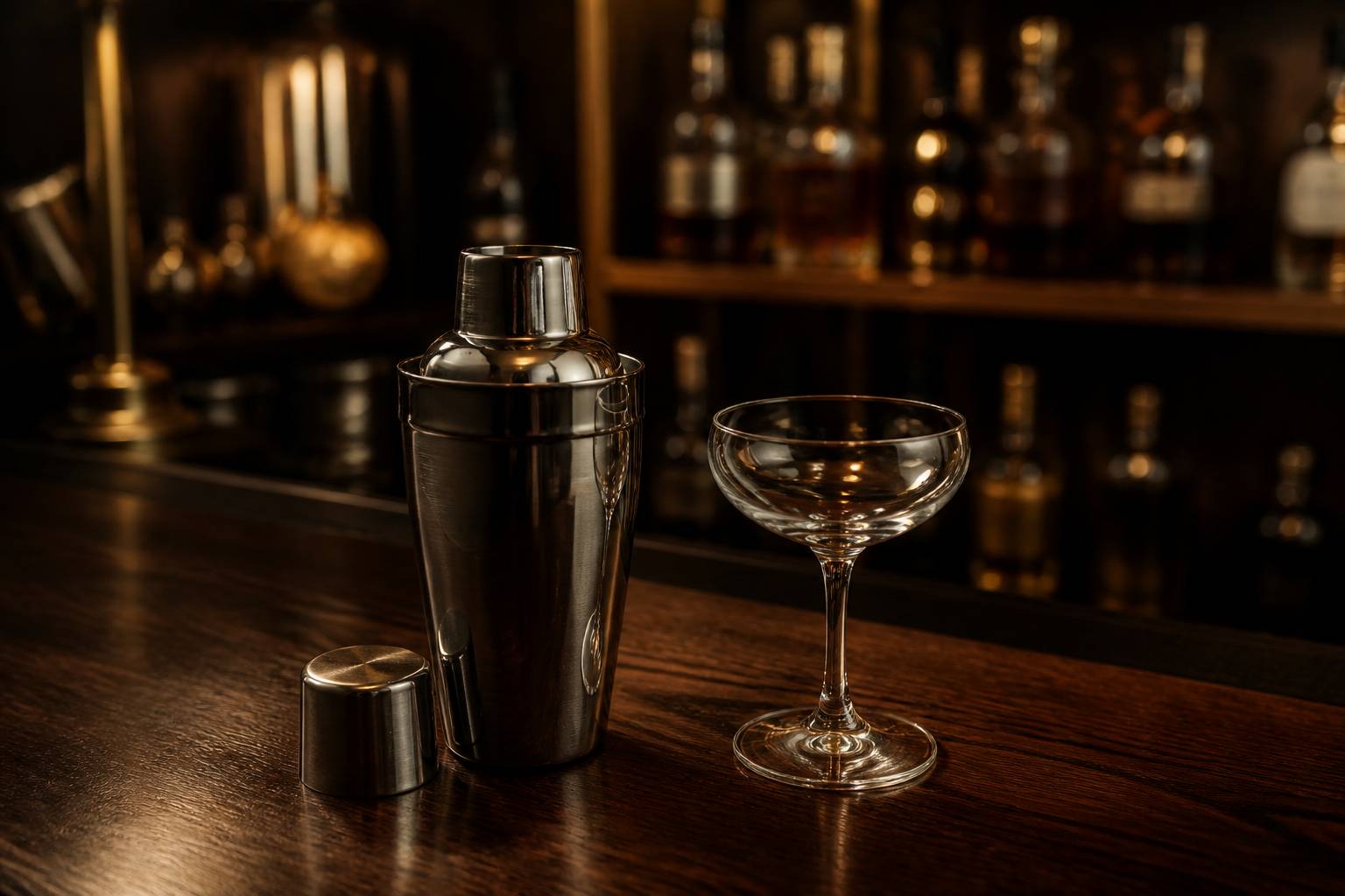 Shaker à trois pièces en inox sur un comptoir en bois avec verre à cocktail