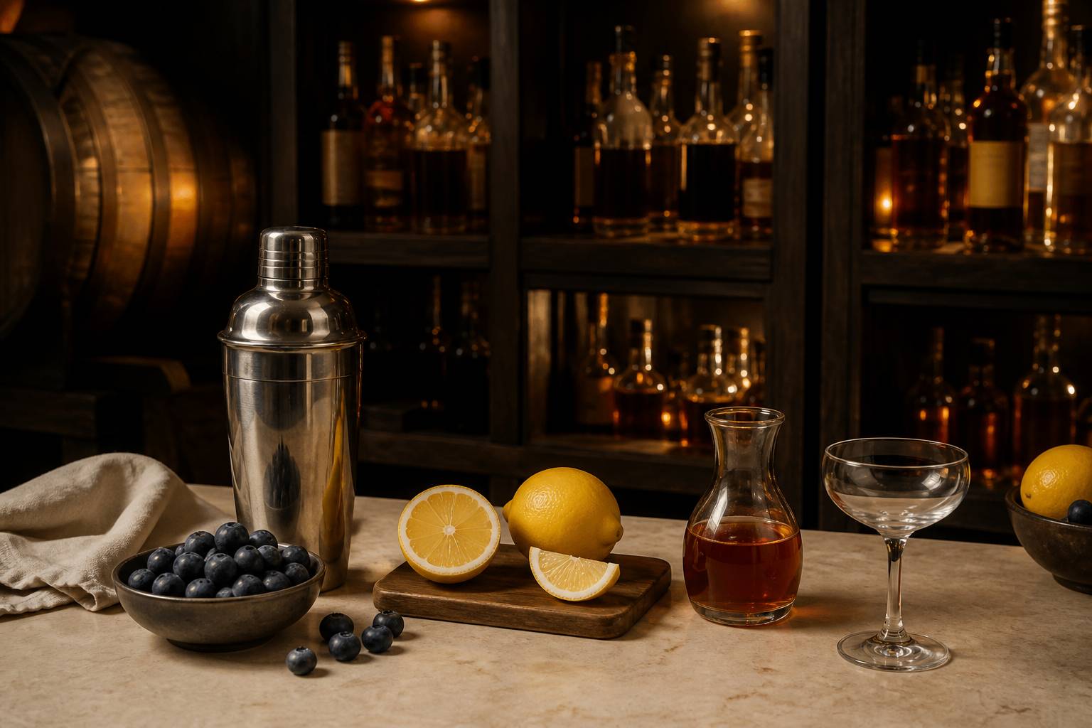Shaker avec myrtilles fraîches et citrons sur plan de préparation