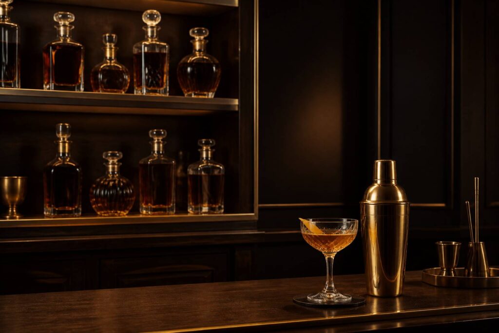 Bar de cave feutré avec flacons ambrés, shaker en laiton et verre à cocktail