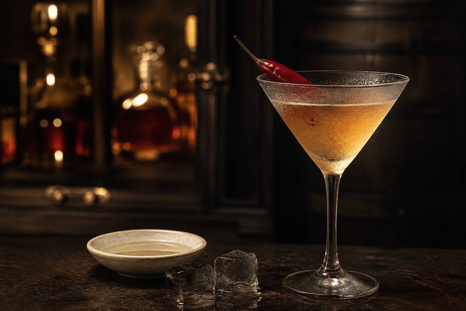 Verre à martini glacé avec un cocktail ambré, un piment et une coupelle de saumure
