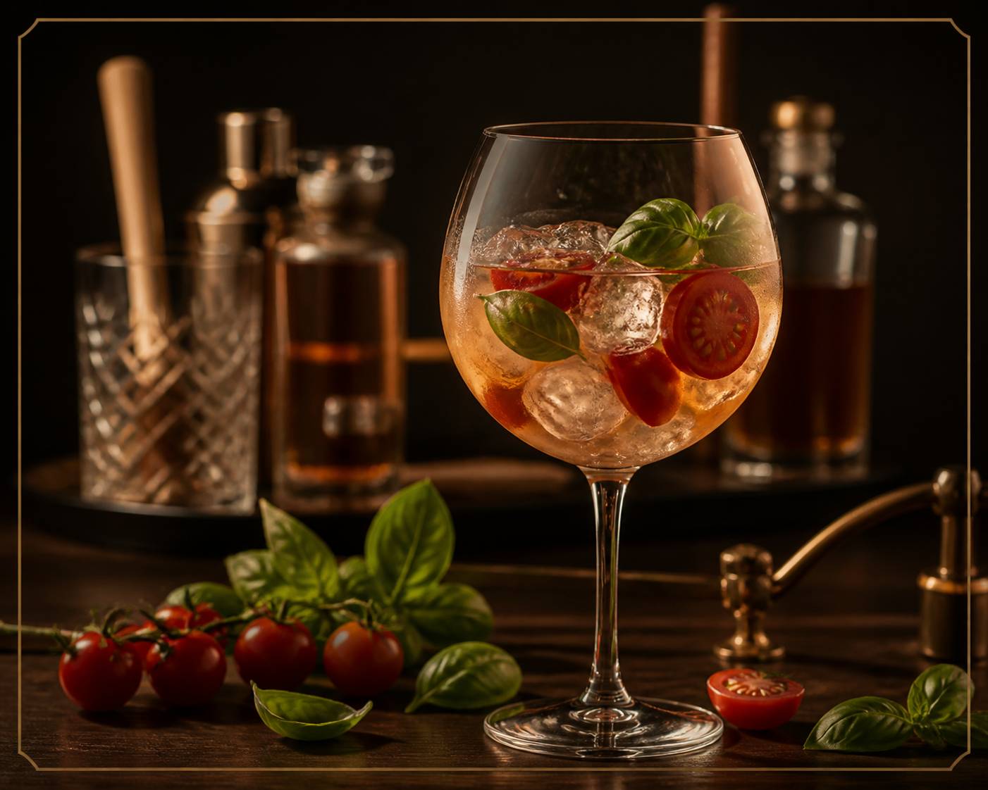 Cocktail avec tomates cerises fraîches et feuilles de basilic
