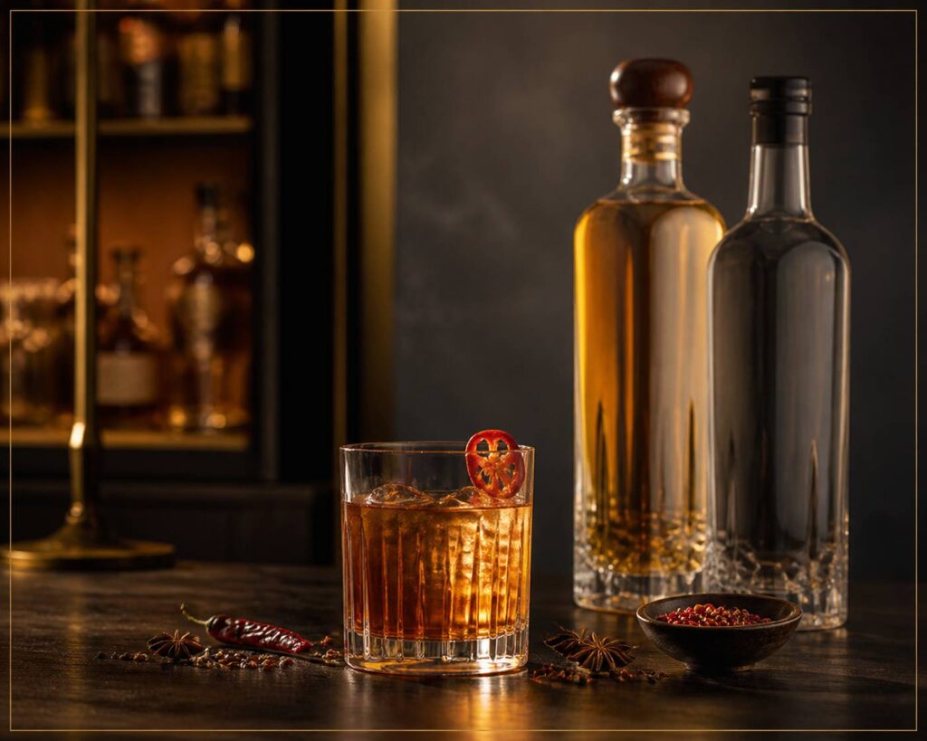 Cocktail ambré au piment rouge dans un verre à whisky sur un comptoir de bar