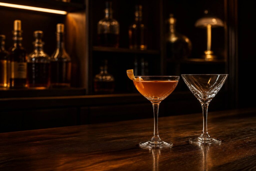 Cocktails ambrés sur un comptoir en bois avec flacons en fond