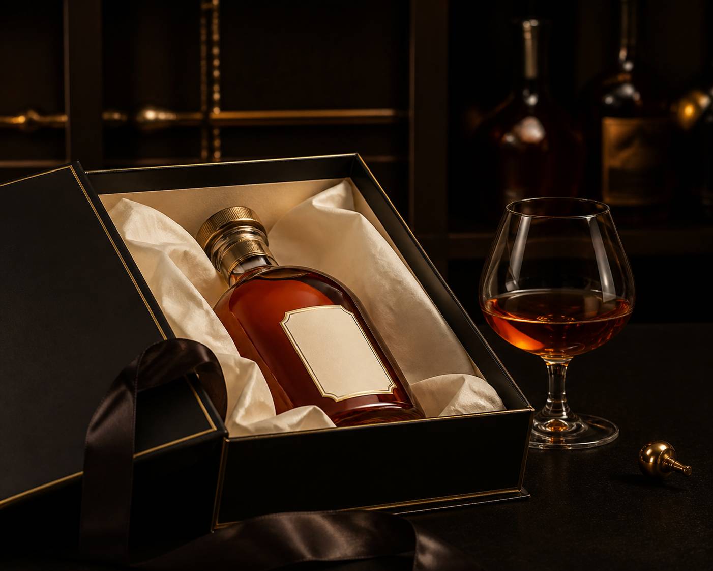 Coffret cadeau de cognac ouvert avec bouteille et verre ballon au liquide ambré