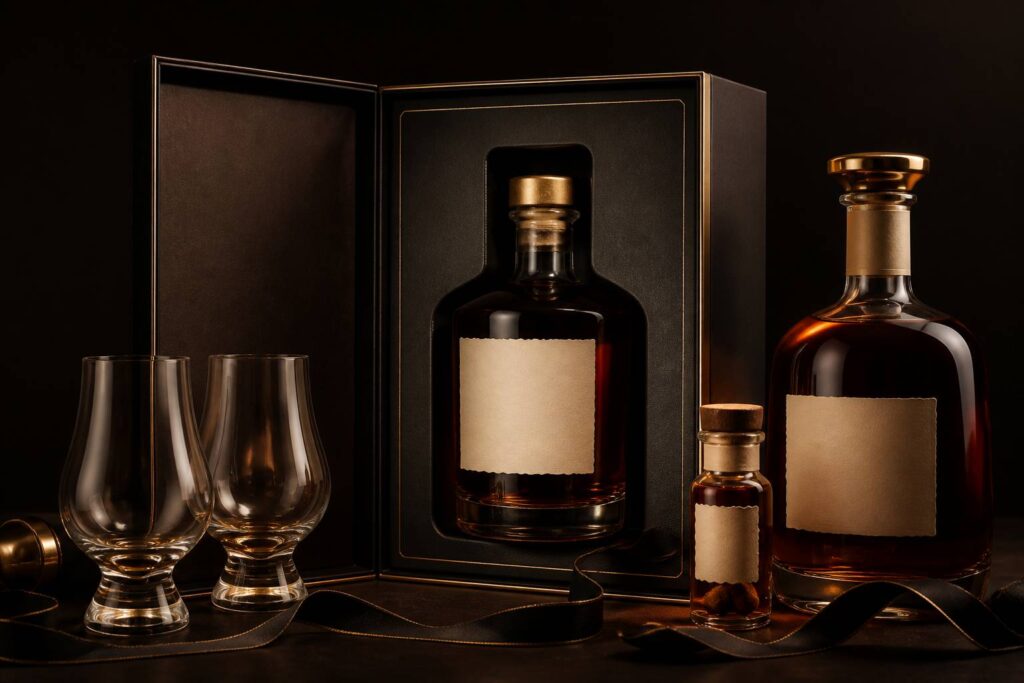 Coffret cadeau de rhum ouvert avec bouteille en écrin et deux verres tulipe