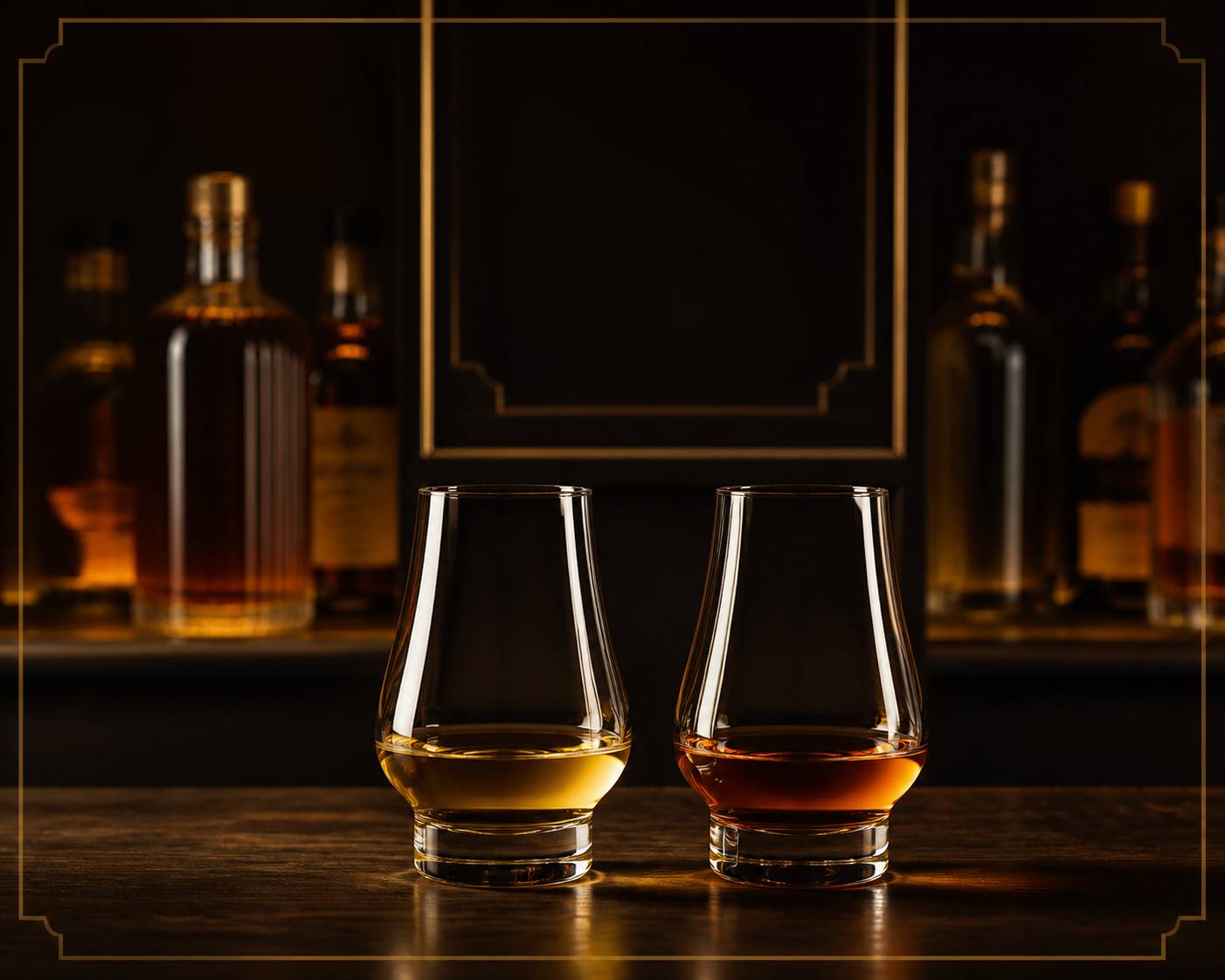 Deux verres de whisky comparés, l'un clair doré pâle et l'autre ambré foncé