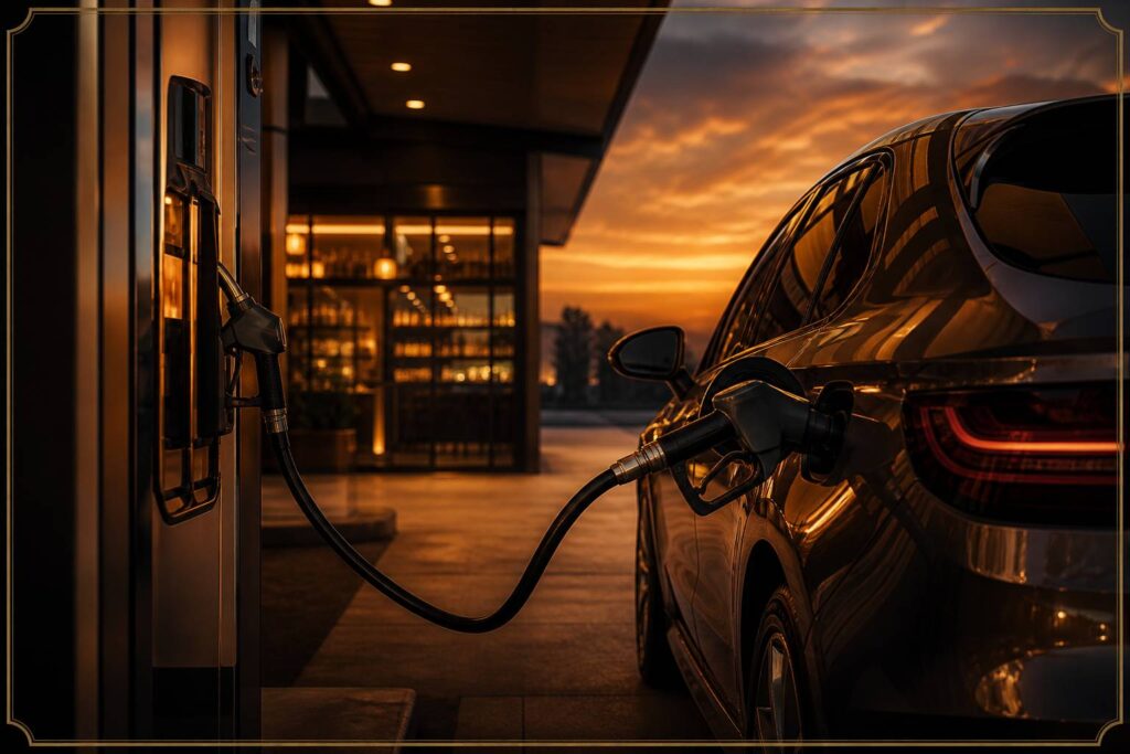 Voiture faisant le plein dans une station-service au crépuscule