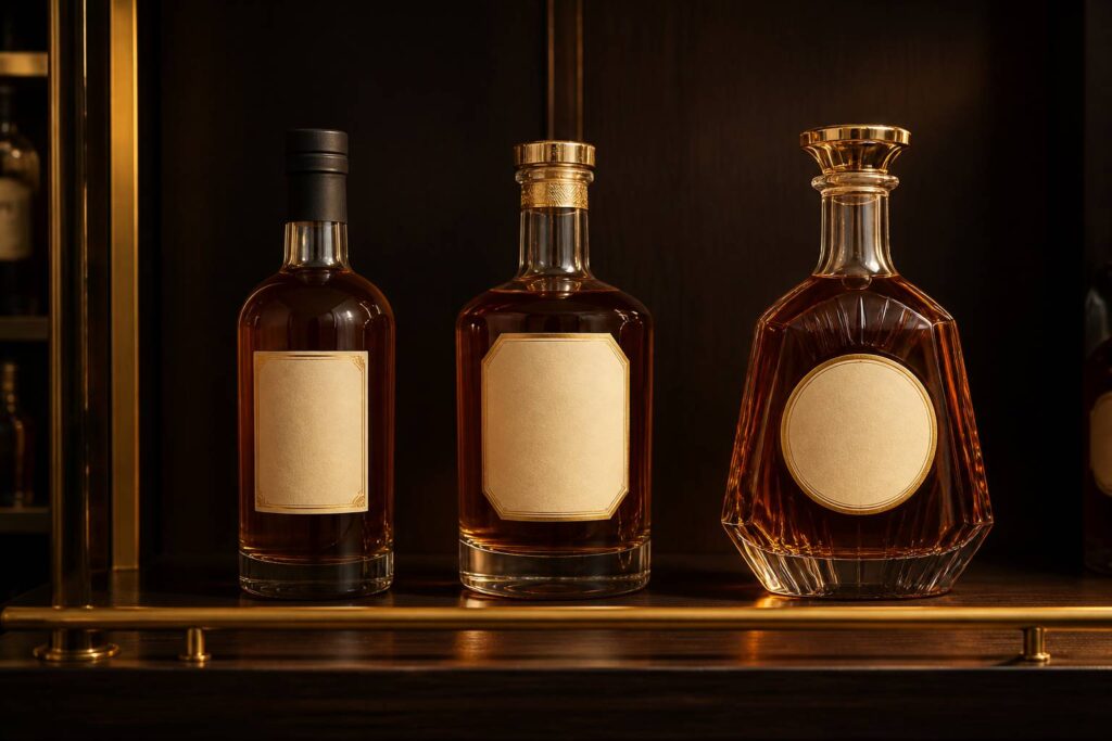 Étagère de cave avec trois bouteilles de whisky de gammes différentes