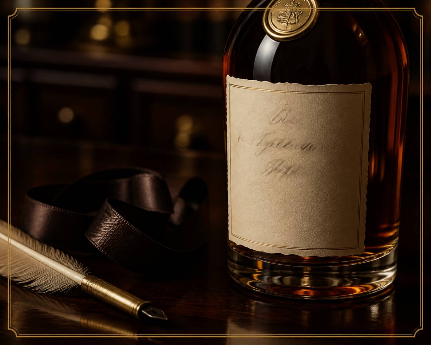 Étiquette parchemin d'armagnac avec année manuscrite floue et plume d'écriture