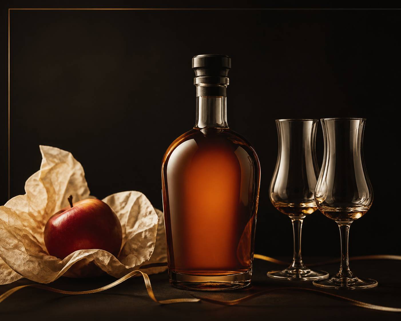 Flacon de calvados avec deux verres tulipe et une pomme rouge sur papier de soie