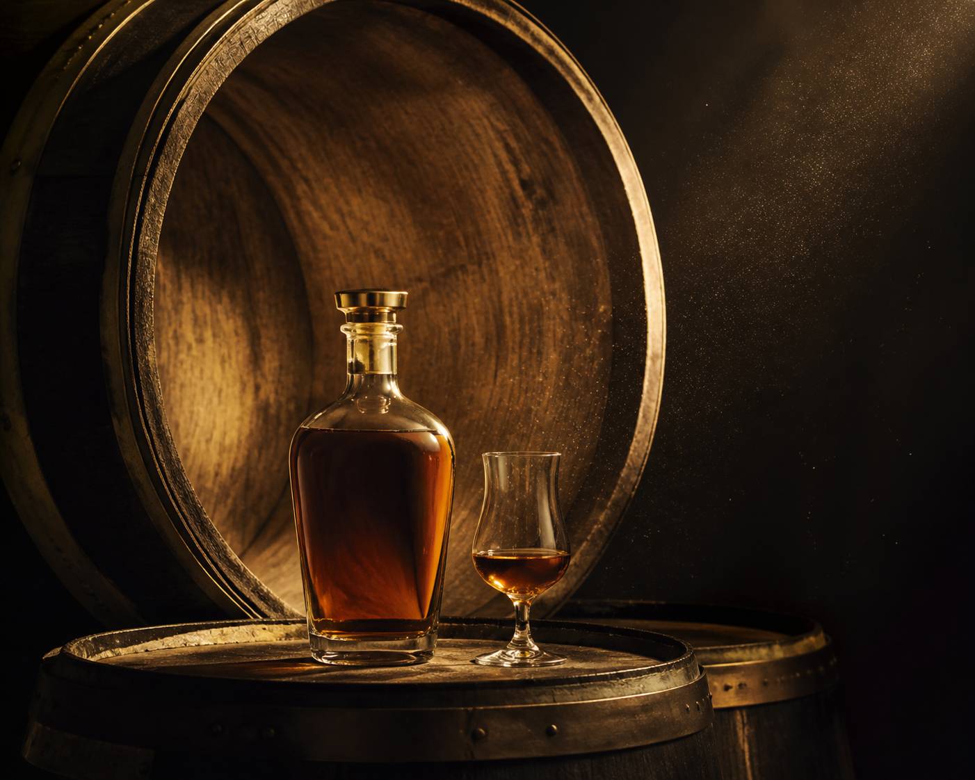 Fût de chêne ouvert avec une bouteille de cognac et un verre posés devant