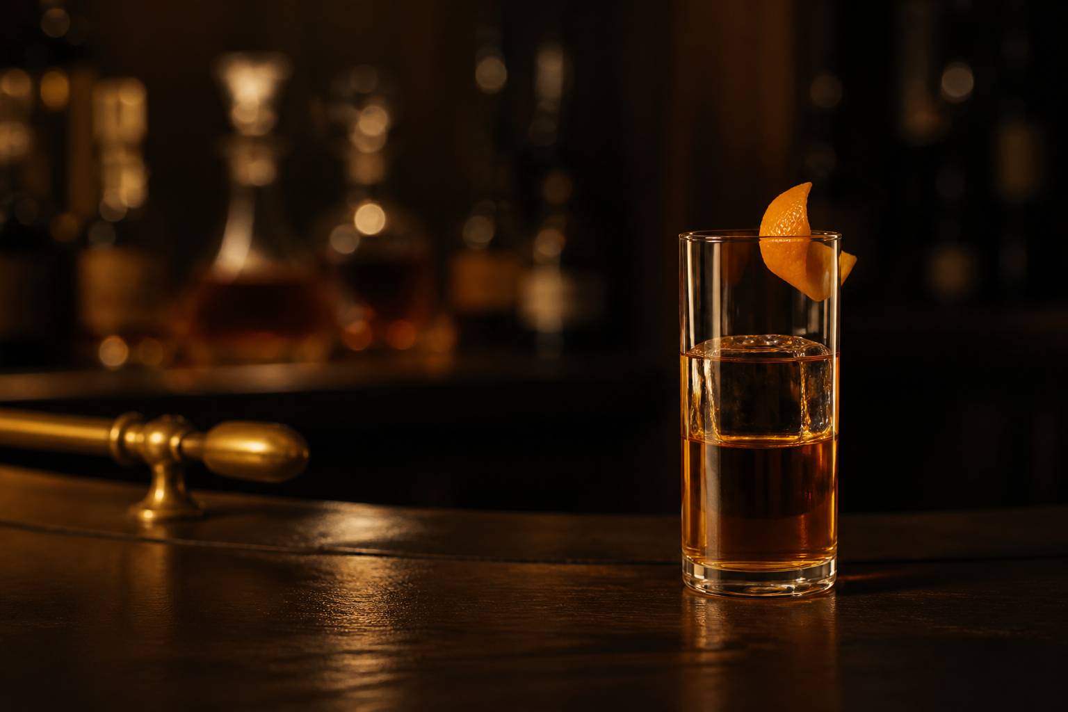 Verre highball de whisky ambré avec glaçon et zeste d'orange sur fond sombre feutré