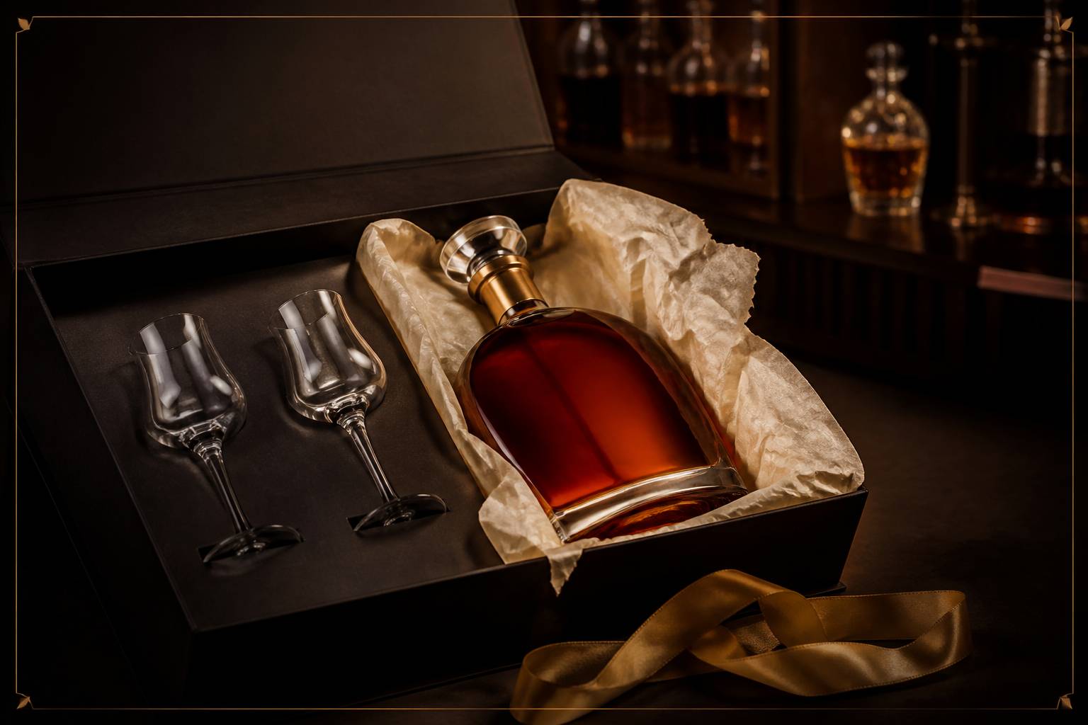 Intérieur de coffret cadeau avec bouteille de cognac en écrin et verres tulipe