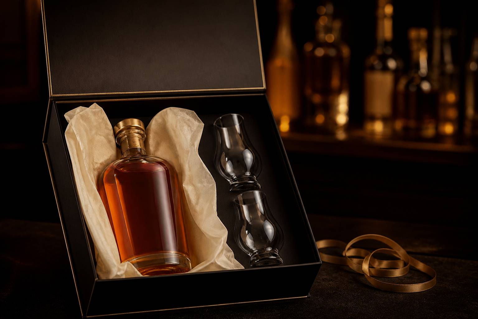 Intérieur de coffret rhum avec bouteille en écrin, papier de soie et verres tulipe
