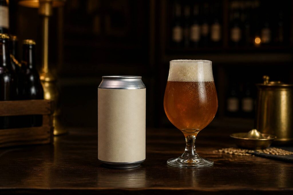 Canette de bière générique et verre de bière ambrée dans une cave feutrée
