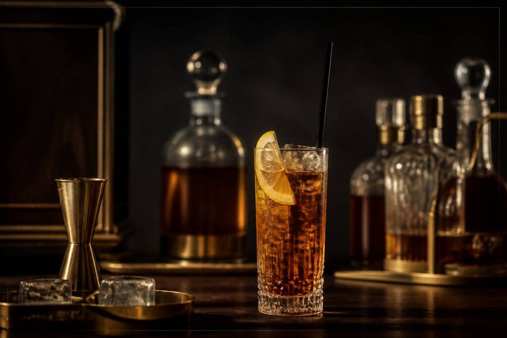 Verre long drink de cocktail ambré avec glaçons et citron