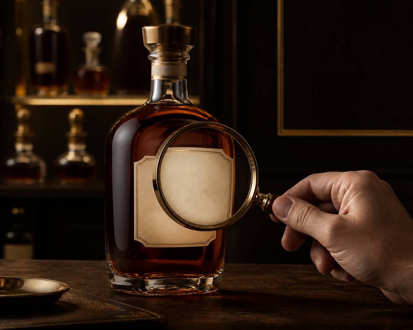 Main tenant une loupe au-dessus d'une étiquette de cognac aux caractères flous
