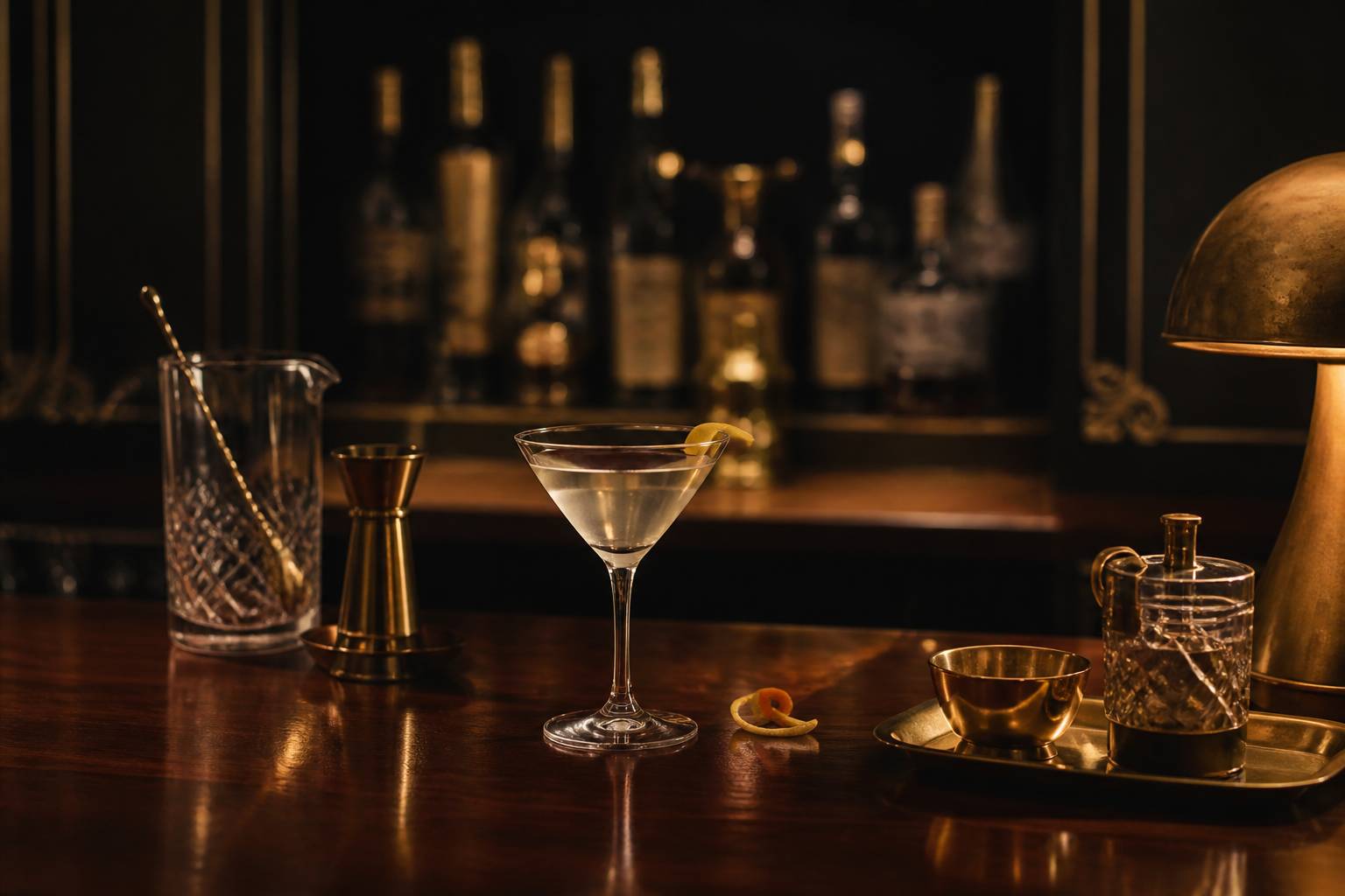 Verre à cocktail Martini posé sur un comptoir en bois