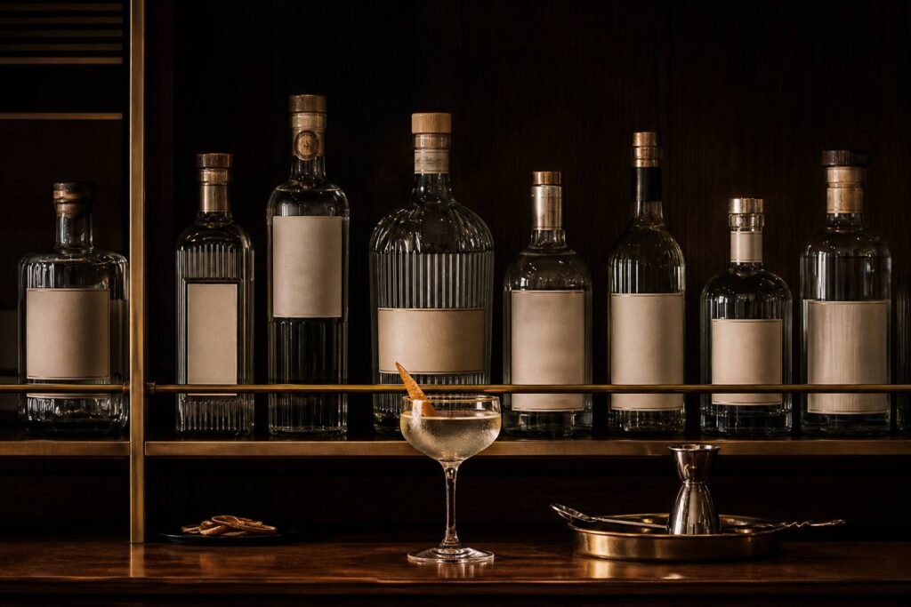 Bouteilles de gin alignées sur une étagère de bar feutré