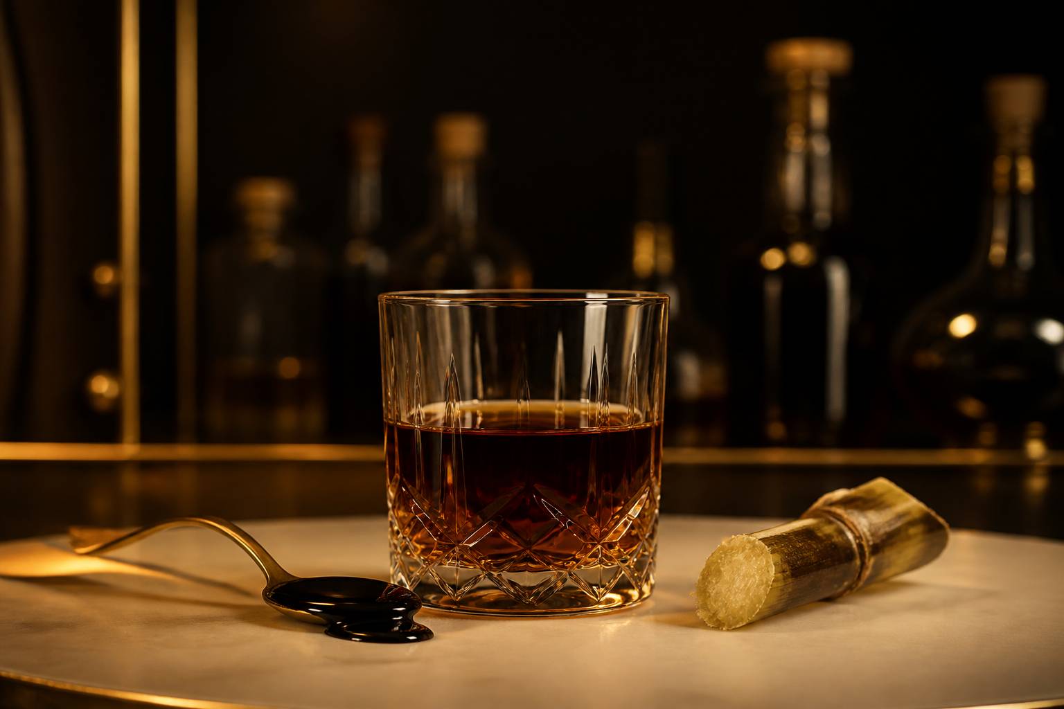 Verre de rhum très sombre avec cuillère de mélasse noire
