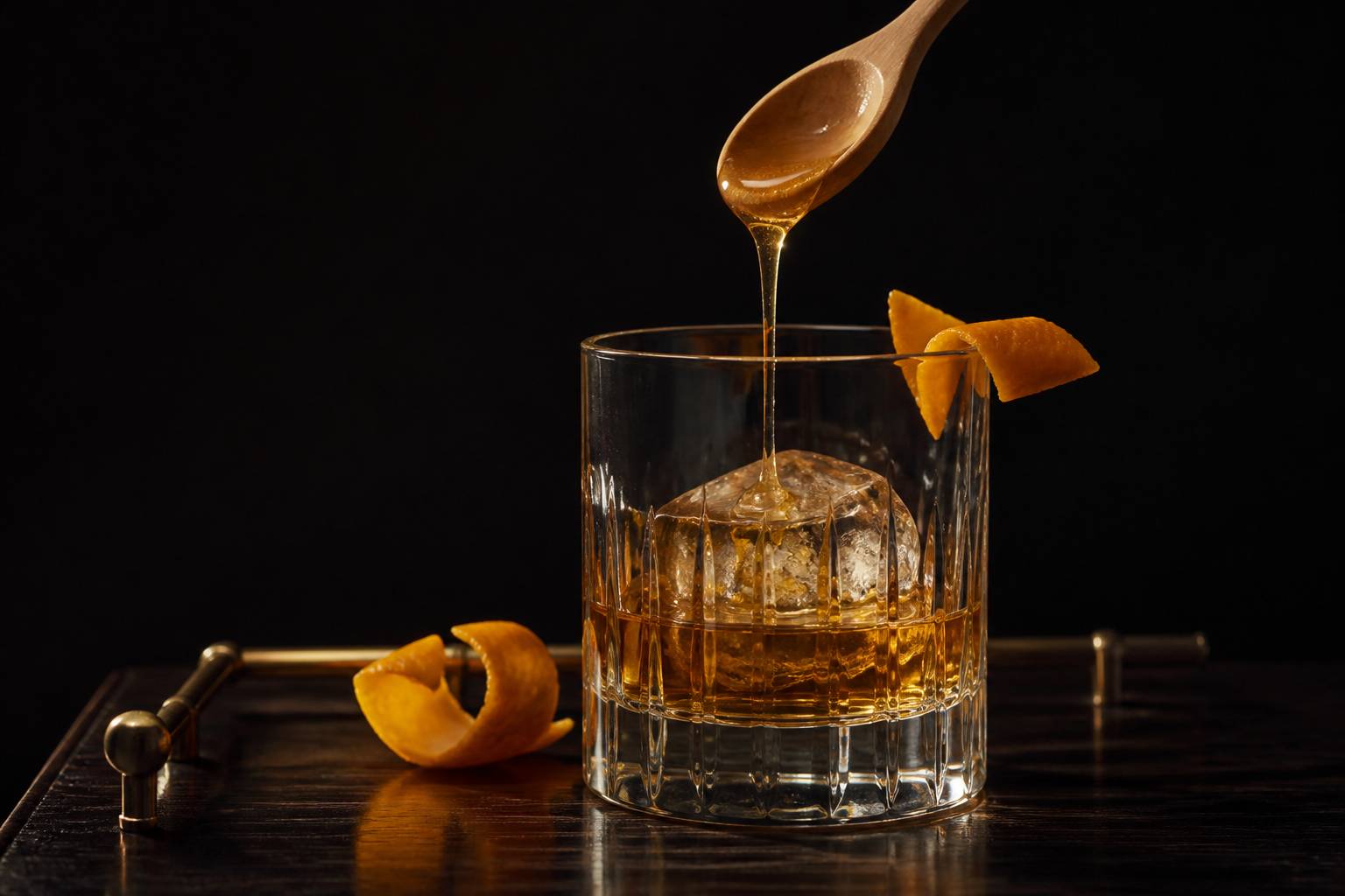 Miel doré coulant d'une cuillère en bois dans un verre old fashioned avec gros glaçon