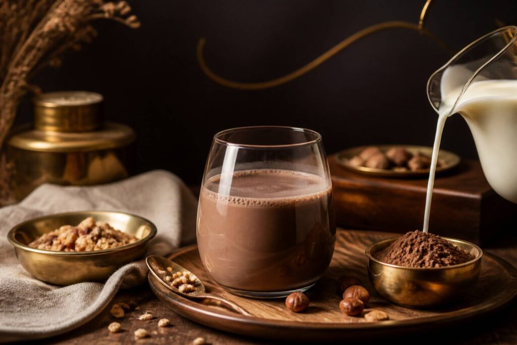 Verre de boisson chocolatée maltée avec poudre de cacao et lait sur une table