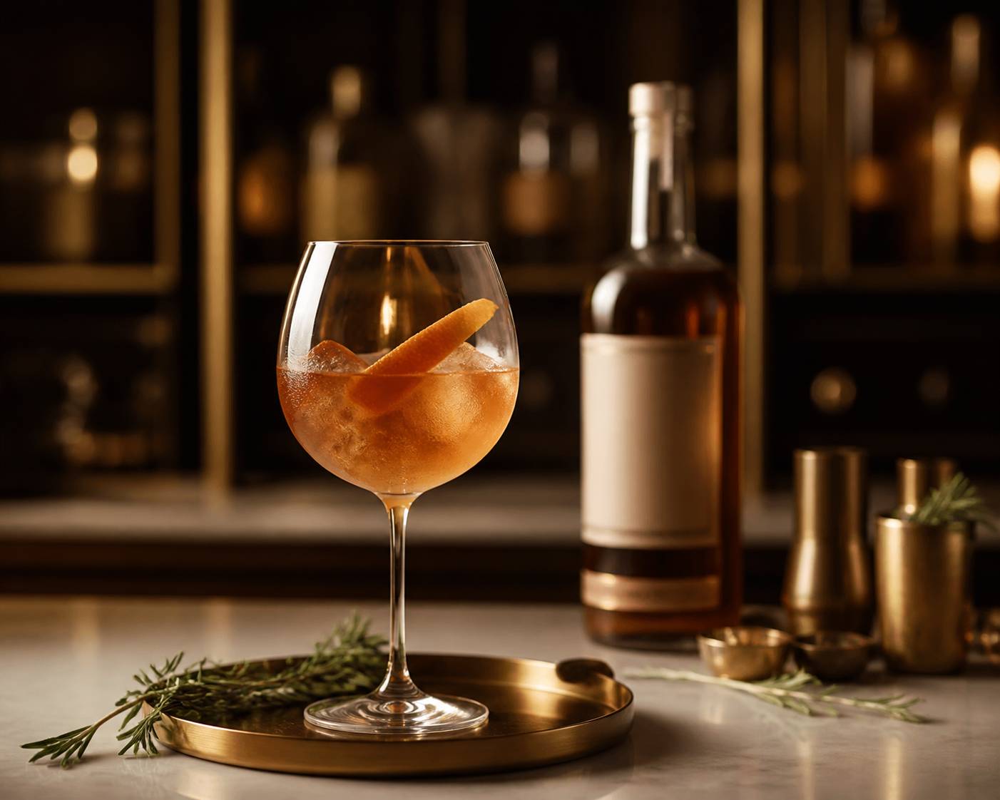 Verre ballon de boisson ambrée sans alcool avec zeste d'agrume et romarin