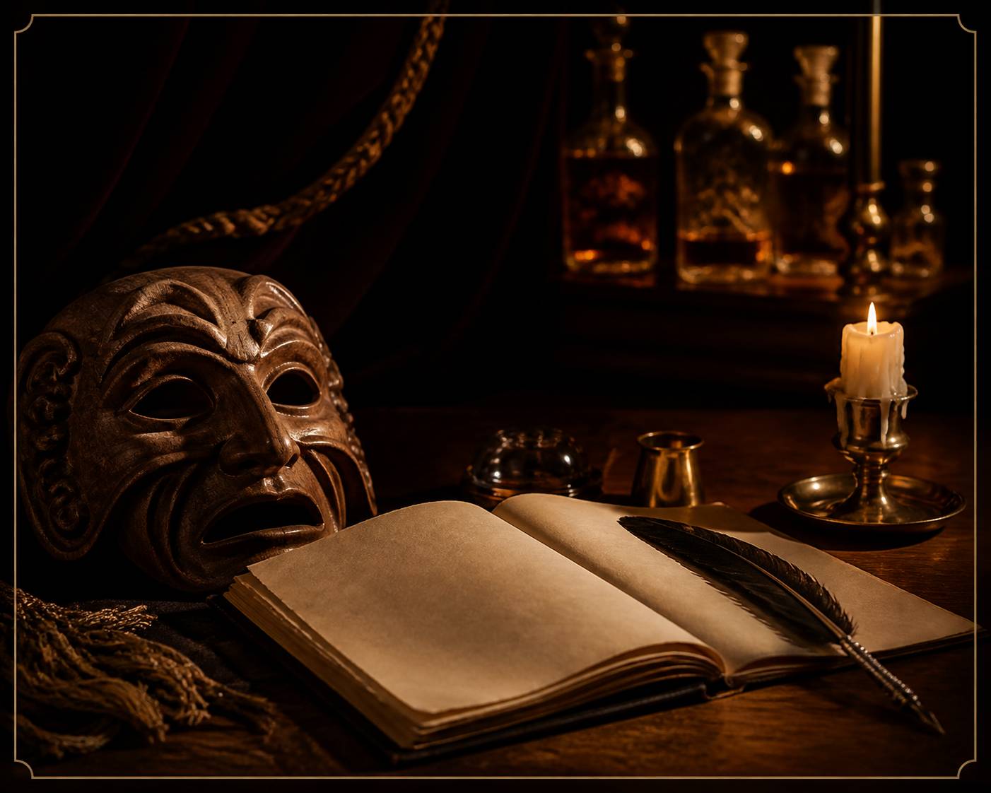 Masque de théâtre, programme ouvert et plume avec une bougie sur une table de loge