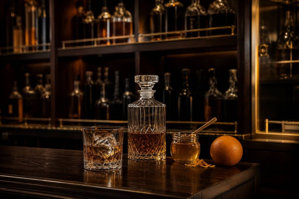Bar feutré élégant avec verre old fashioned, gros glaçon, carafe en cristal et pot de miel